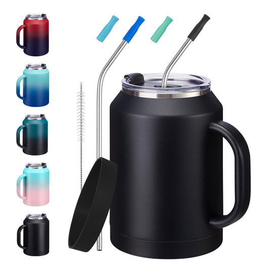 32/50oz Mug Tumbler with Handle and Straw - 32 oz Stainless Steel Wide Mouth Travel Coffee Cups w/ Lid, Reusable Home Office Work Mugs, Double Wall Vacuum Insulated Bottle Keep Cold 36 Hrs Hot 24 Hrs